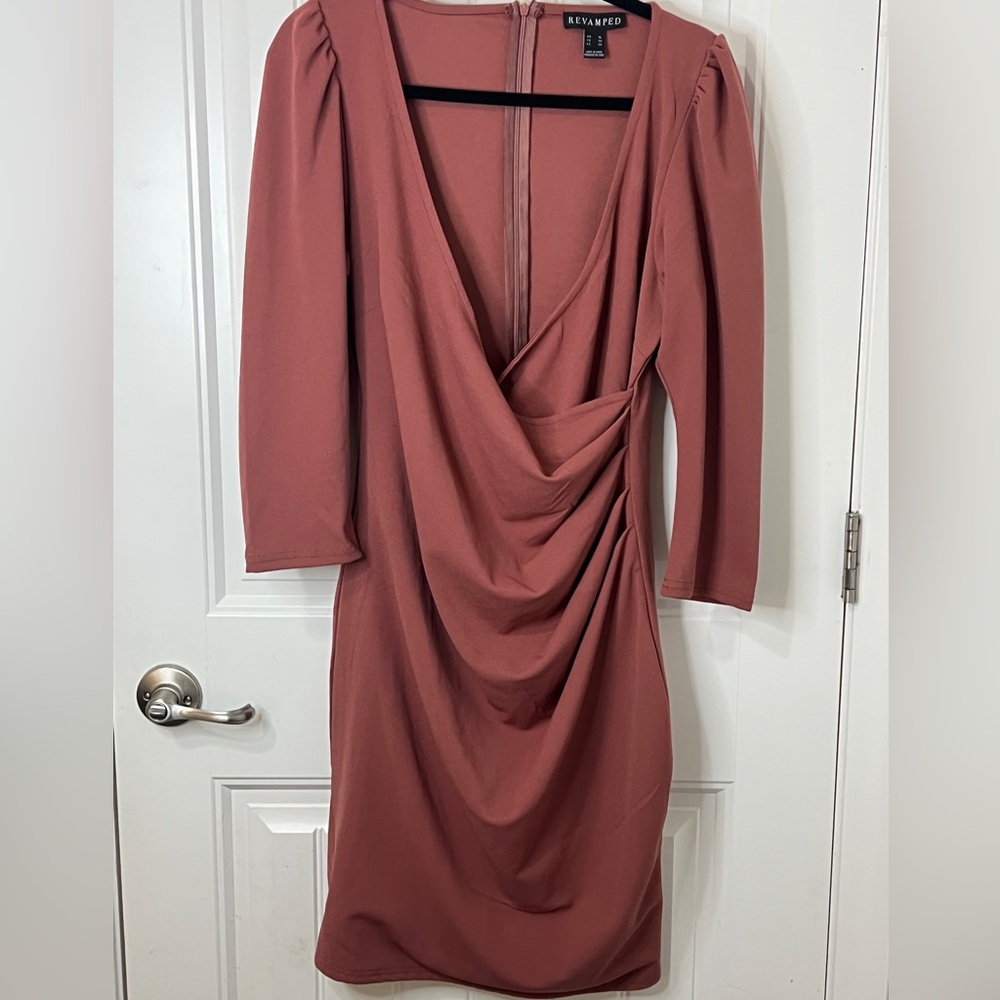 Revamped Dusty Rose Draped Long Sleeve Dress